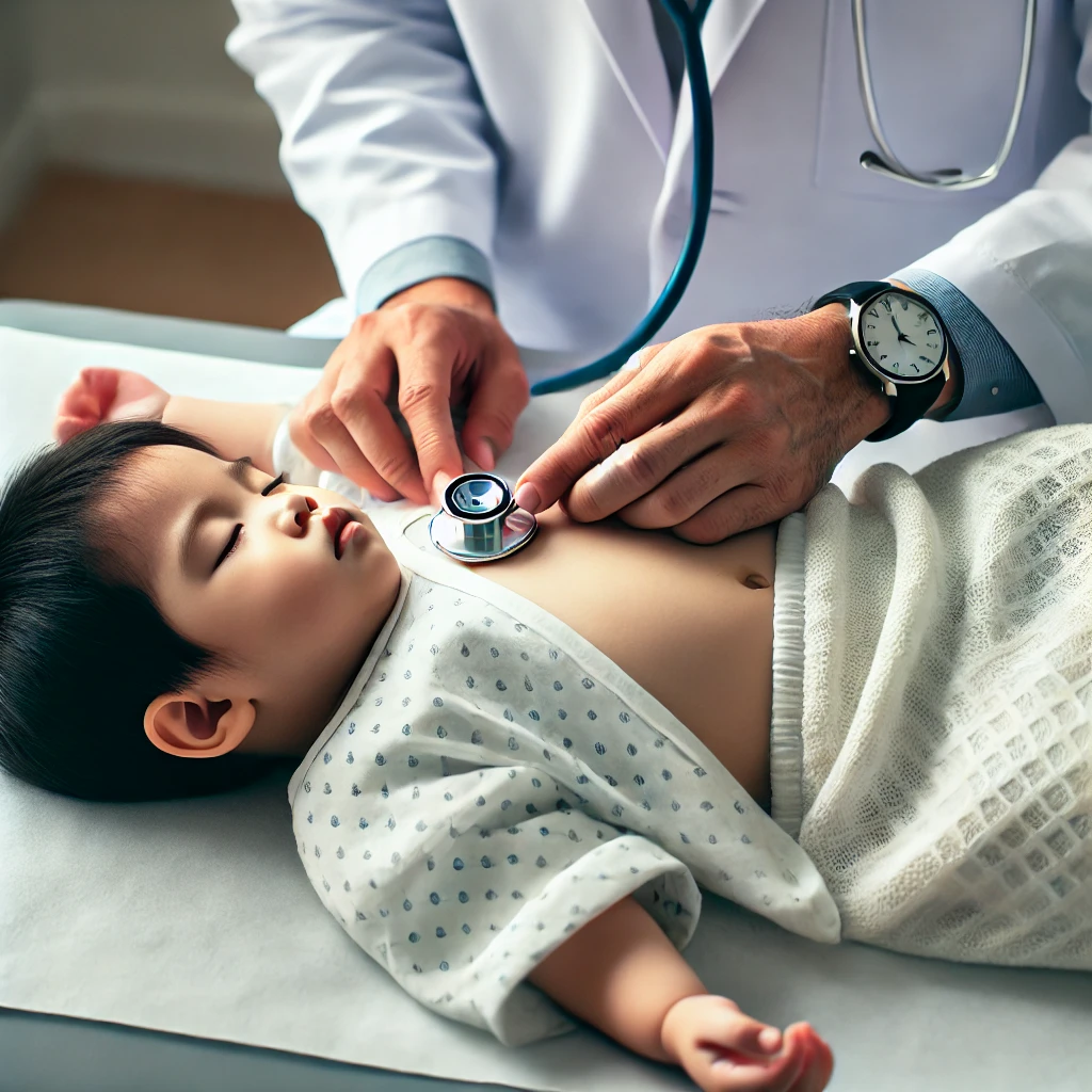 A-doctor-in-a-white-coat-is-performing-a-medical-checkup-on-a-sleeping-child-lying-on-a-medical-examination-table.-